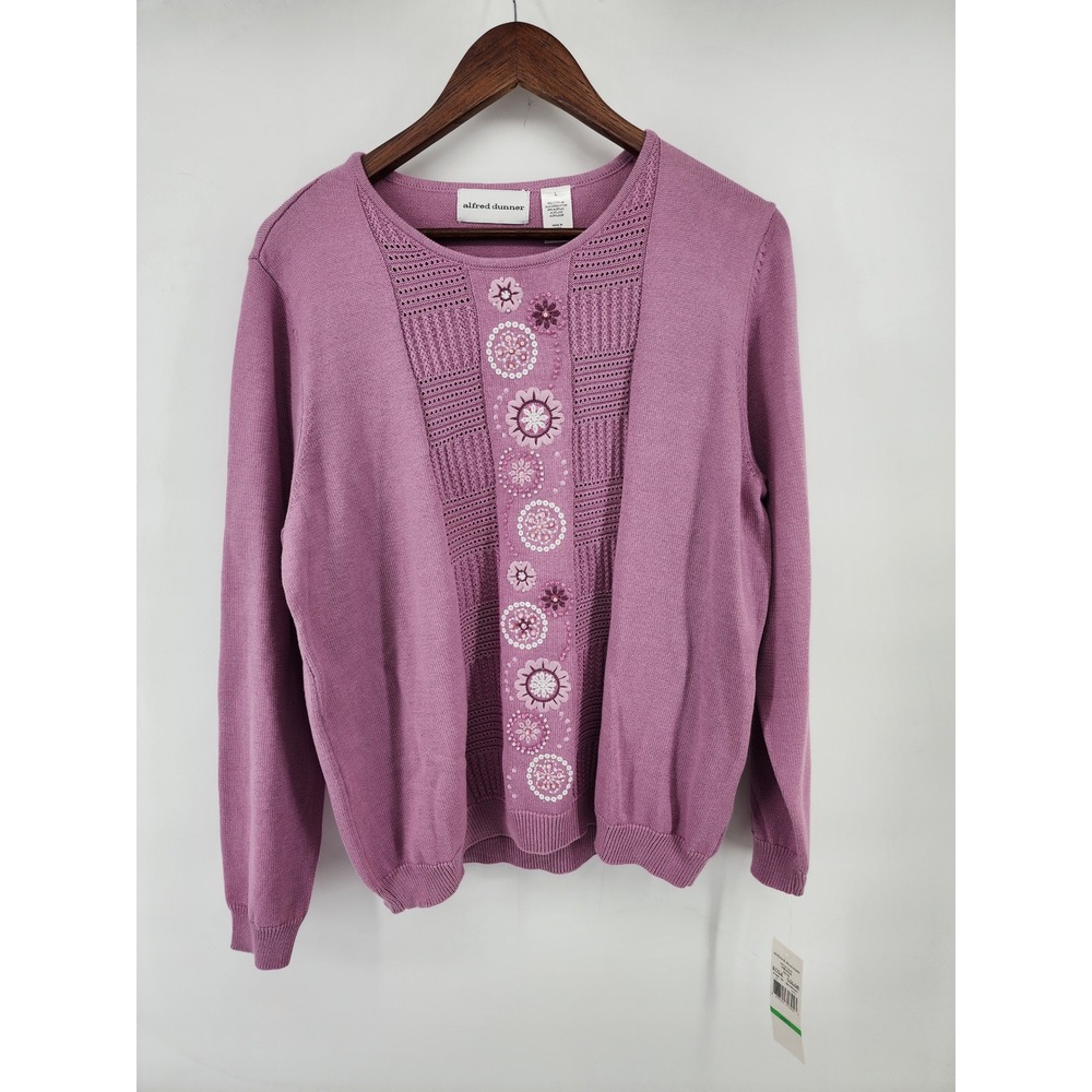Alfred Dunner Peony Pink Purple Floral Embroidered Knit Sweater Size L